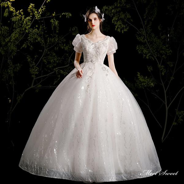 ウェディングドレス ロングドレス プリンセスラインドレス 半袖 パフスリーブ 二次会 結婚式 前撮り...
