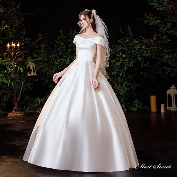 ウェディングドレス ロングドレス プリンセスラインドレス オフショルダー 二次会 結婚式 前撮り 花...