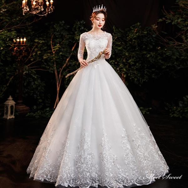 ウェディングドレス ロングドレス プリンセスラインドレス Aラインドレス 7分袖 二次会 結婚式 前...