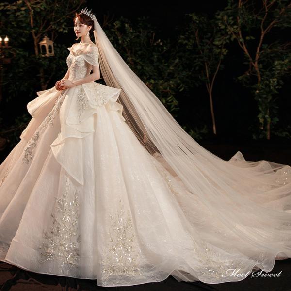 ウェディングドレス ロングドレス プリンセスラインドレス オフショルダー 二次会 結婚式 前撮り 花...