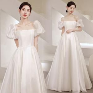 即納 ウェディングドレス ロングドレス Aラインドレス 半袖 二次会 結婚式 前撮り 花嫁 ウエディングドレス サテン フォーマルドレス カクテルドレス ブライダル