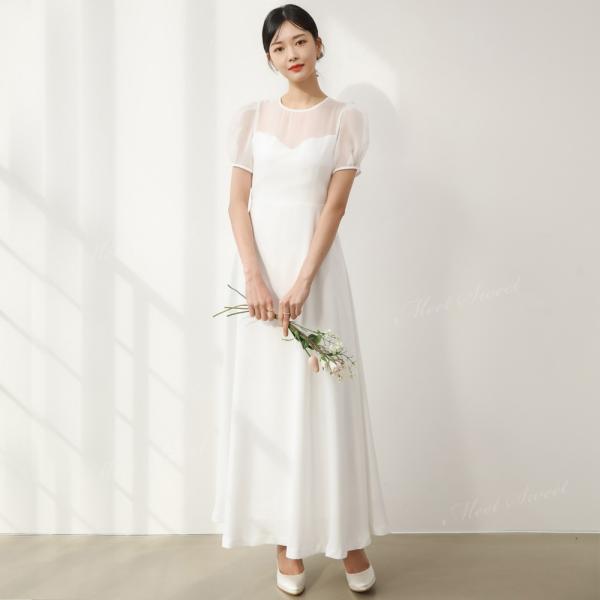 ウェディングドレス ワンピース スレンダーライン 半袖 袖付き ロングドレス マキシ 二次会 結婚式...