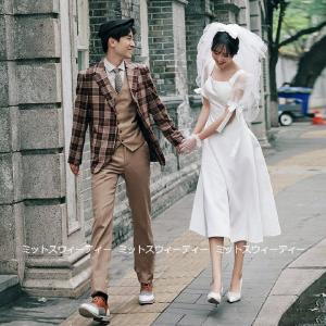 ウェディングドレス ミモレ丈 カラードレス 白 オフショルダー