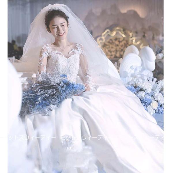 ウェディングドレス 花嫁 二次会 サテンドレス レース ウエディングドレス 結婚式 ロングドレス プ...