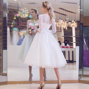 新作 ウェディングドレス 二次会 花嫁 結婚式 Aライン ミモレ丈
