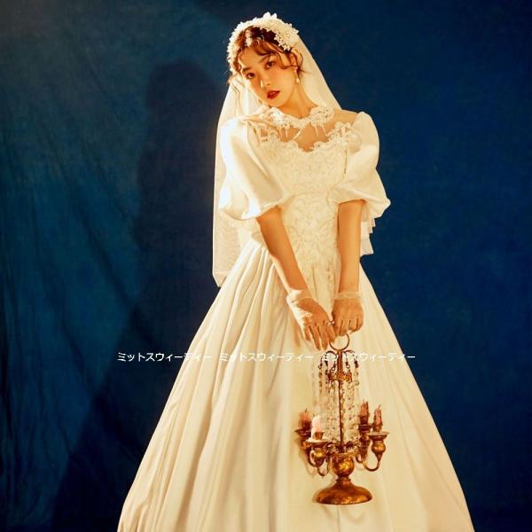 ウエディングドレス レトロドレス 花嫁 レース サテン 白 昭和風 前撮り フォトウェディング 結婚...