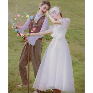 ウェディングドレス プリンセスラインドレス ミモレ丈 パフスリーブ