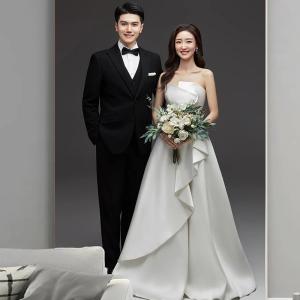 ウェディングドレス 二次会 結婚式 ブライダル ロングドレス サテン ベアトップ ビスチェ 前撮り 海外挙式 花嫁 記念撮影 ウエディングドレス シンプル Aライン