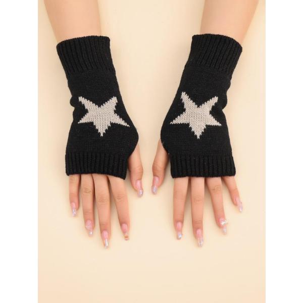 1ペア レディース スター柄 指なし サムホール ニットミトングローブ、暖かく快適な素材、Y2Kスタ...