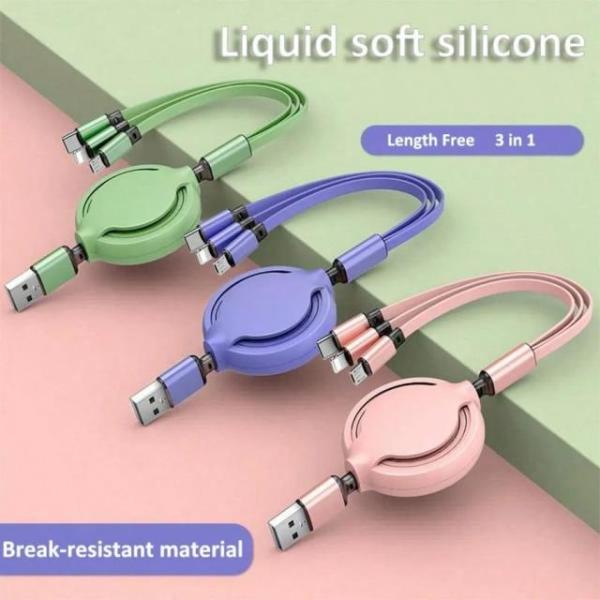 マカロン色の3-in-1 引き込み式液体充電ケーブル Huawei/Android/スマートフォン対...