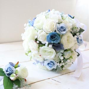 ウェディングブーケとブートニアにセット♡ブルーローズ♡前撮り♡挙式♡ プルメリアブーケ・ブートニアセット ホワイトブルー バラ アート