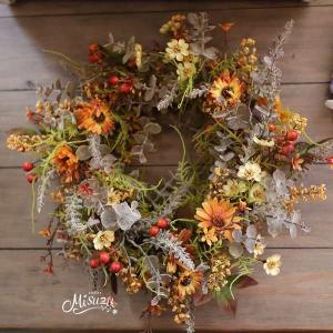 misuzu073or アンティーク　ドライフラワー風　玄関リース　ガーデンリース　ナチュラル