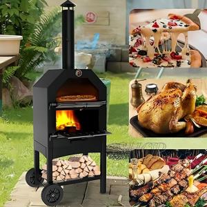 ピザ窯 ピザオーブン キャンプ 屋外用 2層 薪ストーブ ピザメーカー ピザ焼き釜 最高火力900? 温度計付き 取り外し可能なホイール付き 煙突付き PIZZA