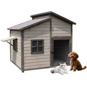 犬小屋 猫 ハウス ペットハウス 無垢材 ペットハウス 犬舎 84*74*80.5cm 屋根とドア窓付き ドッグハウス 通気性 日焼け対策 防風 防雨 安定性と耐久性