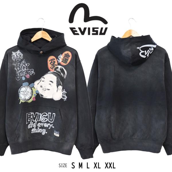 EVISU エヴィス フーディ 仏頭プリント 恵比寿プリント パーカー 七福神 個性的 ビンテージ ...