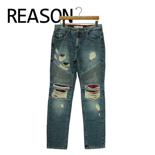 REASON リーズン　デニム　ジーンズ　ダメージ　加工　チェック　ブルー　インディゴ　ストリート　...