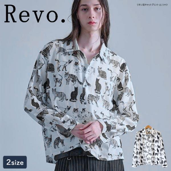 Revo. レヴォ リネン混キャットプリントLS シャツ ネコ モノクロ 猫 猫柄 総柄シャツ セミ...