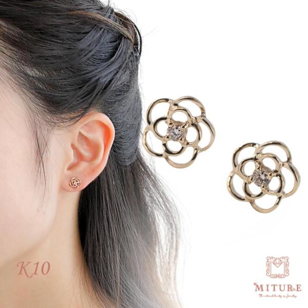 ピアス K10 10金 10k ダイヤモンド ダイヤ 花 フラワー ゴールドピアス  ゴールド 金 ...