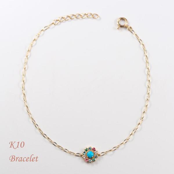 ターコイズ トルコ石 ブレスレット ブレス k10 K10 10金 カラーストーン 取り巻き 華奢 ...