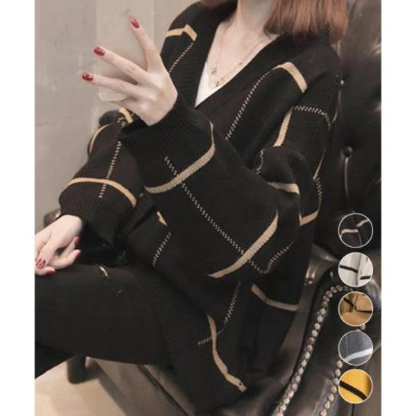 ニットカーディガン BIGチェック柄秋冬