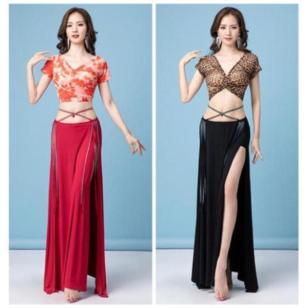 ベリーダンス衣装２点上下セット練習着フィットネス社交ダンス豹柄レディース舞台レッスン着 半袖トップス...