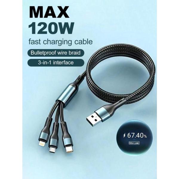 MFI認証 3-in-1 MAX 120W マルチ充電ケーブル 優れた耐久性に優れ、Type-C急速...