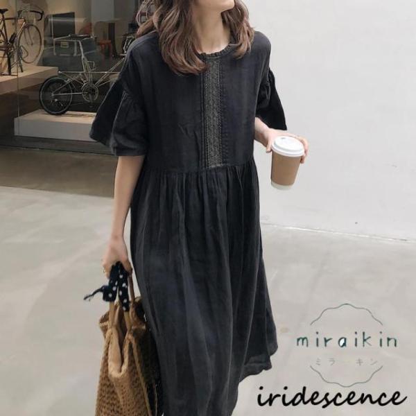 リネンワンピース 半袖 ワンピース ロング 夏 リゾートワンピース 40代 フォーマル 黒ワンピース...