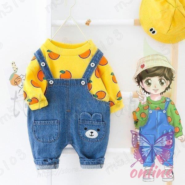 新入荷 ベビー服 2点セット デニム スウェット サロペット バックパンツ 子ども服 韓国ファション...