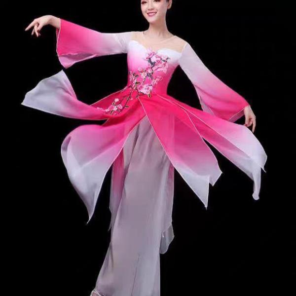 中国風民族ダンス衣装レディース古典ダンスチャイナ踊りレッスン試合の団体衣装に、剣舞カンフーや楽器吹奏...