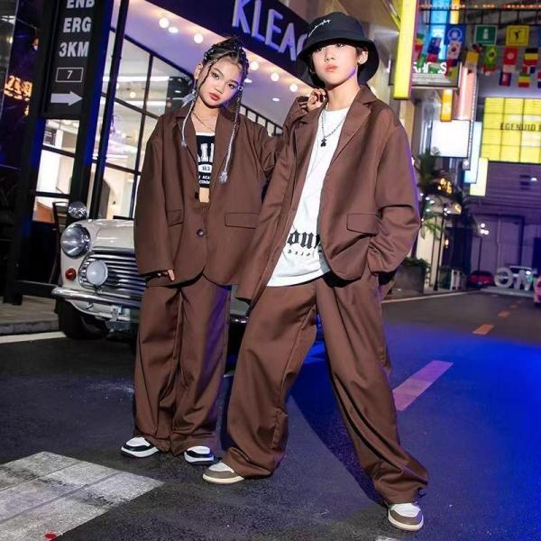 キッズダンス衣装ヒップホップ茶色スーツセットアップ男の子女の子韓国K-pop衣装ジャズダンスにもかっ...