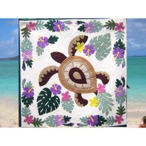 90X90cm】ハワイアンキルト タペストリー ホヌ in the sea (ブルー