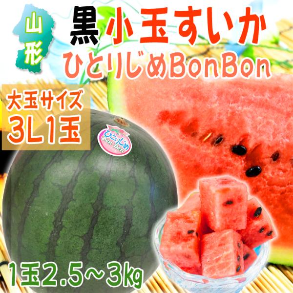 予約販売 送料無料 山形県産 黒小玉すいか ひとりじめ BonBon 大玉3L×1玉 【2.5〜3k...