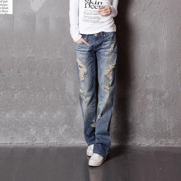 クラッシュ加工ダーメージジーンズL、ワイド美脚小尻のシルエット！