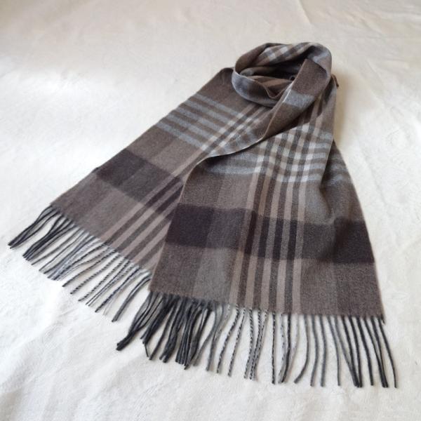 カシミヤ100％デザインストール、チェックブラウン系