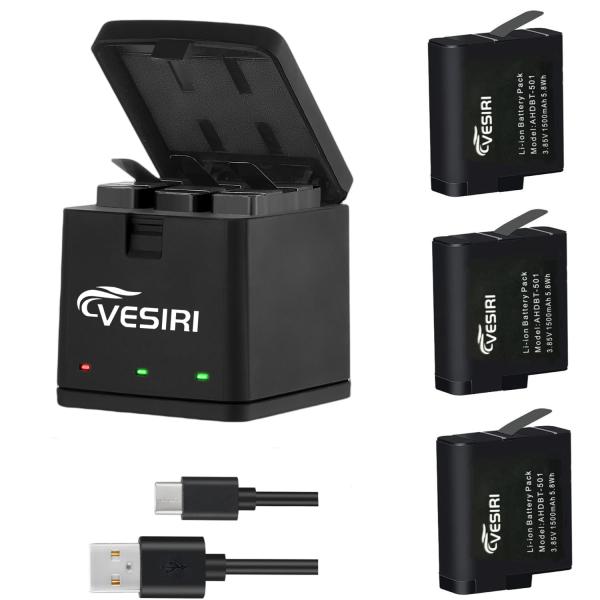 Vesiri GoPro Hero 7/6/5 バッテリー 充電器セット 3*1500mAh ゴープ...