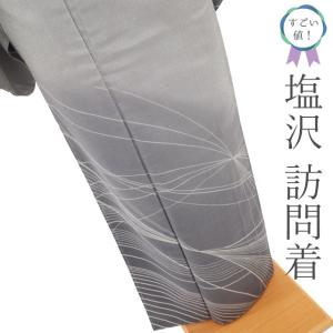 紬 訪問着 袷 着物 刺し子 手刺繍 正絹 濃グレー地 葡萄 ぶどう 竹