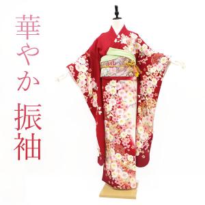振袖 着物 金彩加工 ラメ糸 赤 白 ワインレッド ぼかし染 桜 菊 雪輪 成人式 中古 仕立て上がり 身丈167 裄67 Ｌサイズ みやがわ sb10531｜miyagawa-kimono