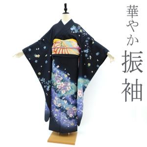 振袖 着物 リサイクル 桐屋 翠山工房 徳永憲峯 絞り 黒 花 雪輪 青海波