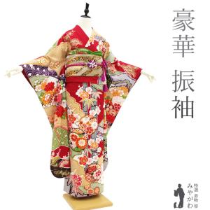 平和屋本店□極上 アンティーク 振袖 刺繍 松竹梅飛鶴風景文 金彩 逸品 