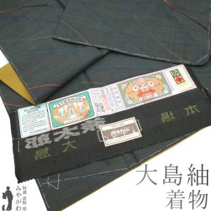 本場大島紬 着物 未使用 正絹 泥染め 黒こげ茶 ブルーグレー 縞 新古品  