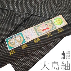 本場大島紬 袷 着物 染大島 正絹 黒地 様々な古典柄 花柄 カジュアル