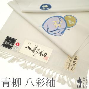 紬 着物 着尺 反物 正絹 十日町 青柳 八彩紬 草木染 蔵家 創柳庵 象牙色地 手染め 丸文 草花 カジュアル 新古品 未仕立て みやがわ sb17290