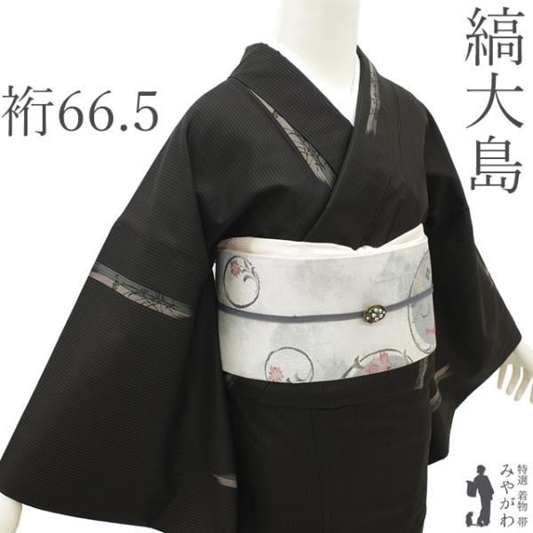 本場大島紬 縞大島 袷 着物 未使用 正絹 黒こげ茶 矢羽根 細縞 花 美品 新古品 仕立て上がり ...
