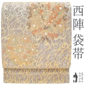 すごい値！ 袋帯 リサイクル 正絹 切りばめ 茶紫地 菊 楓 梅 草花