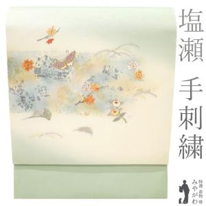 未使用・正絹・ぜんまい紬紅型染名古屋帯・菊花・本手差し・やや長尺 未使用・正絹・ぜんまい紬紅型染名古屋帯・菊花・本手差し・やや長尺