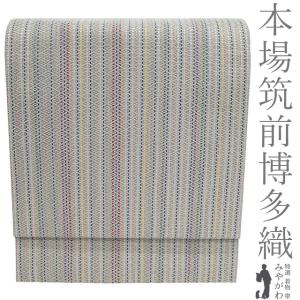 袋名古屋帯 美品 逸品 じゅらく 落款あり 月 縞 箔 灰白 正絹 中古