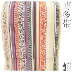 本場筑前博多織 紋八寸名古屋帯 【黒 石畳にレトロ和柄 14987】松装