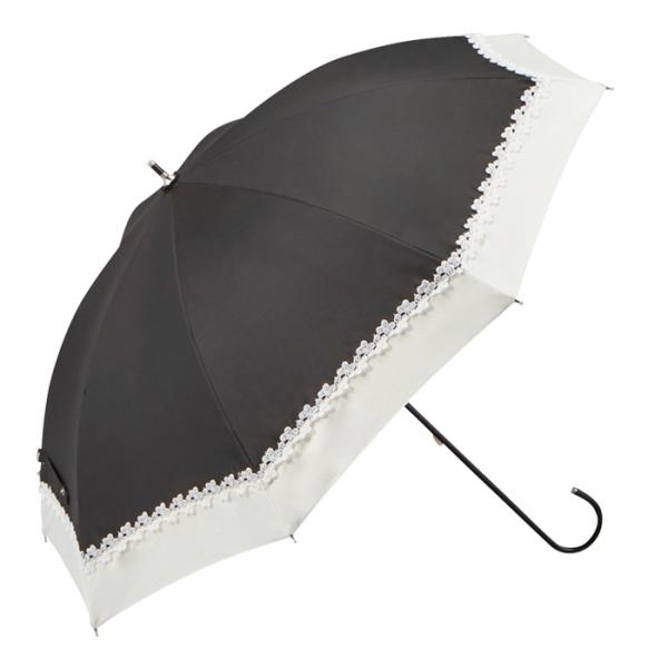 日傘　完全遮光　晴雨兼用傘　バイカラー 長傘 50cm 手開き プチフラワーレース柄 UVカット加工...