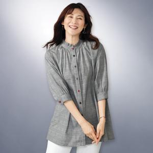 ブラウス シャツ レディース おしゃれ 春夏 ミセス シニア ファッション 40代 50代 60代 70代 80代 フリル襟チェックロングブラウス