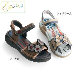 サンダル シューズ レディース おしゃれ 40代 50代 60代 70代 80代 ミセス シニア ファッション エスタシオン 花パッチワーク アンクルベルト サンダル